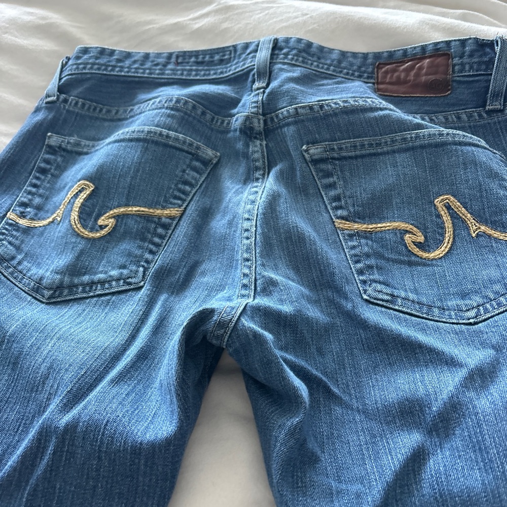 AG Adriano Goldschmied Straight Blue Jeans with Gold Stitching
